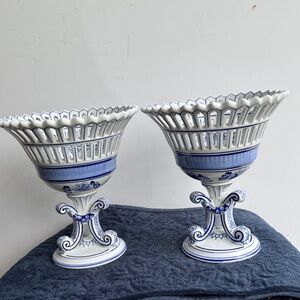 STUNNING. Blue & White Ceramic Pedestal Compote Pair
11” tall 10” wide 53/4”base